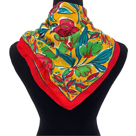 EXPRESS Floral Square Neck Scarf Red Yellow Green - Picture 2 of 4